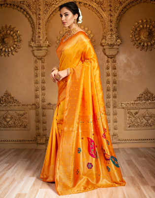 Orange paithani silk blend handwoven saree with designer pallu and unstitched blouse 2