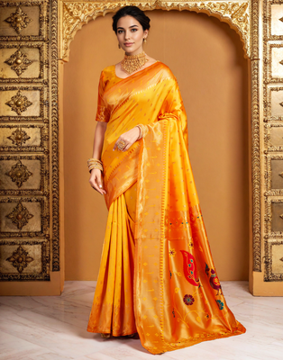 Orange paithani silk blend handwoven saree with designer pallu and unstitched blouse 3