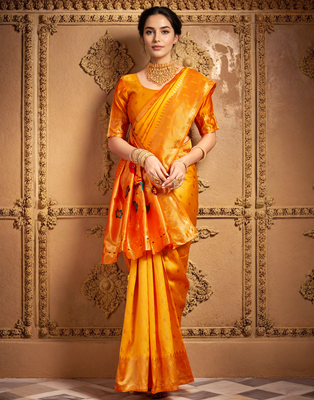 Orange paithani silk blend handwoven saree with designer pallu and unstitched blouse 4
