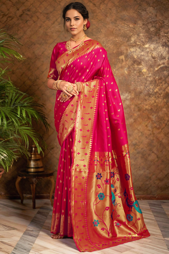 Pink paithani silk blend handwoven saree with designer pallu and unstitched blouse