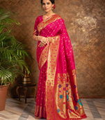 Pink paithani silk blend handwoven saree with designer pallu and unstitched blouse
