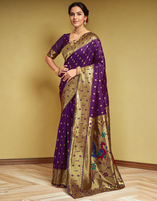Purple paithani silk blend handwoven saree with designer pallu and unstitched blouse 1