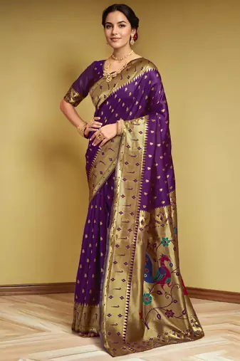 Purple paithani silk blend handwoven saree with designer pallu and unstitched blouse