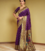 Purple paithani silk blend handwoven saree with designer pallu and unstitched blouse