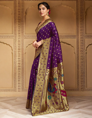Purple paithani silk blend handwoven saree with designer pallu and unstitched blouse 2