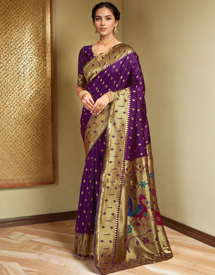 Purple paithani silk blend handwoven saree with designer pallu and unstitched blouse 3