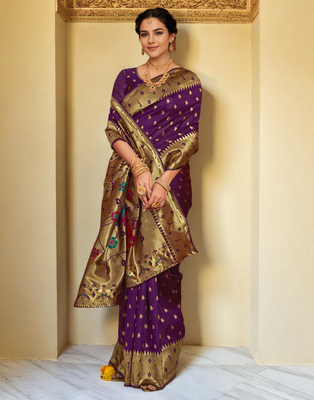 Purple paithani silk blend handwoven saree with designer pallu and unstitched blouse 4