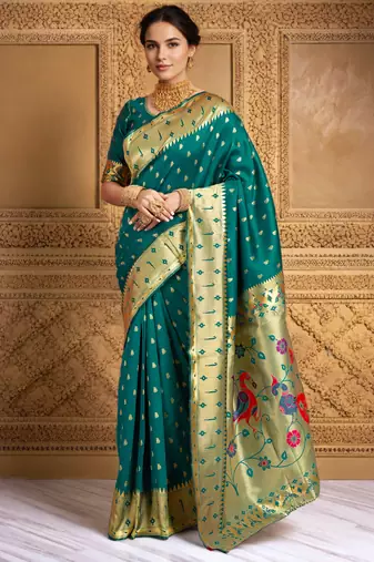 Rama paithani silk blend handwoven saree with designer pallu and unstitched blouse