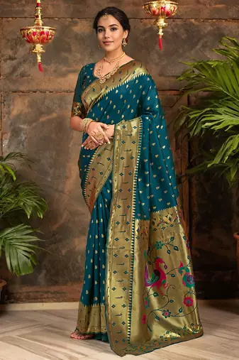 Teal paithani silk blend handwoven saree with designer pallu and unstitched blouse
