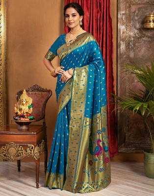 Turquoise paithani silk blend handwoven saree with designer pallu and unstitched blouse 1