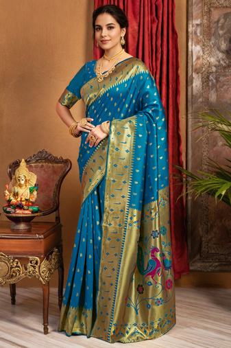 Turquoise paithani silk handwoven traditional wedding saree with designer pallu & broad border – unstitched blouse