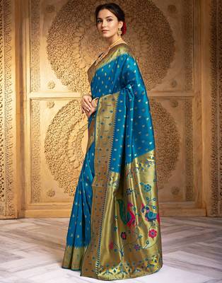 Turquoise paithani silk blend handwoven saree with designer pallu and unstitched blouse 2