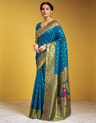 Turquoise paithani silk blend handwoven saree with designer pallu and unstitched blouse 3