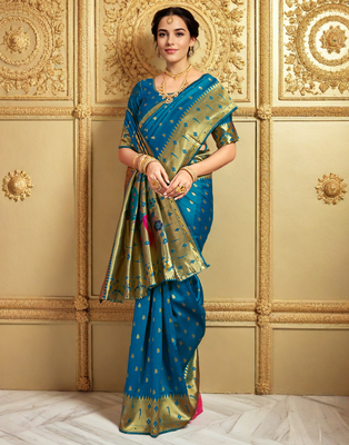 Turquoise paithani silk blend handwoven saree with designer pallu and unstitched blouse 4