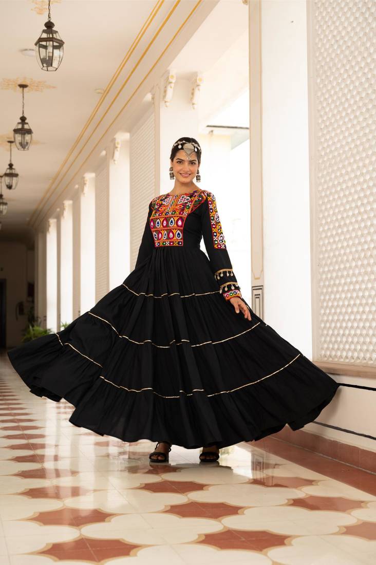 Black rayon multi thread embroidered & gota patti work traditional gown