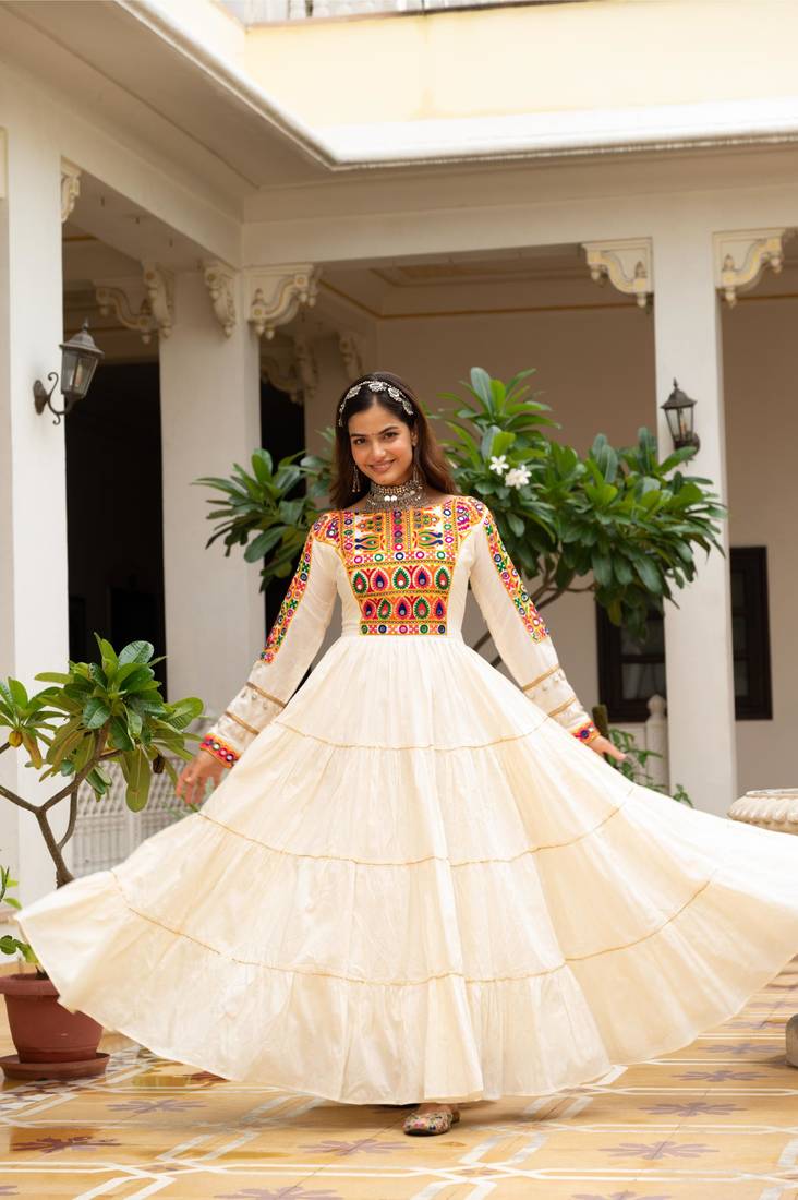 Off white kora cotton multi thread embroidered & gota patti work traditional gown