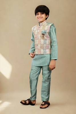 Boys cotton silk geometric patchwork embroidered kurta set- teal blue 1