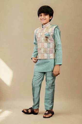 Boys cotton silk geometric patchwork embroidered kurta set- teal blue
