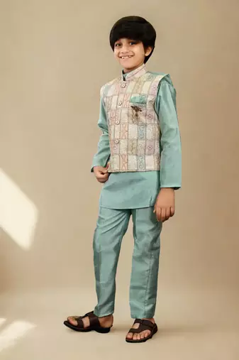 Boys cotton silk geometric patchwork embroidered kurta set- teal blue