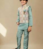 Boys cotton silk geometric patchwork embroidered kurta set- teal blue