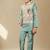 Boys cotton silk geometric patchwork embroidered kurta set- teal blue