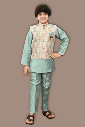 Boys cotton silk geometric patchwork embroidered kurta set- teal blue