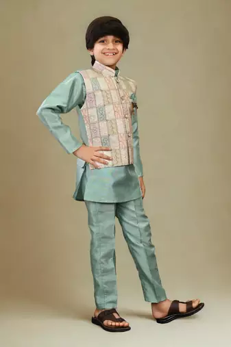Boys cotton silk geometric patchwork embroidered kurta set- teal blue
