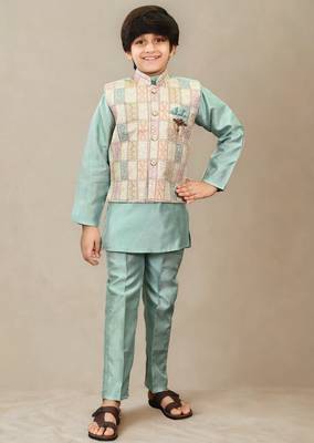 Boys cotton silk geometric patchwork embroidered kurta set- teal blue 3