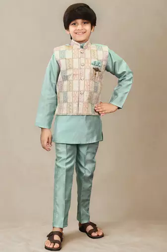 Boys cotton silk geometric patchwork embroidered kurta set- teal blue