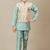 Boys cotton silk geometric patchwork embroidered kurta set- teal blue