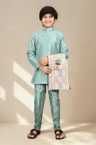 Boys cotton silk geometric patchwork embroidered kurta set- teal blue