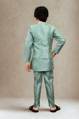 Boys cotton silk geometric patchwork embroidered kurta set- teal blue 5
