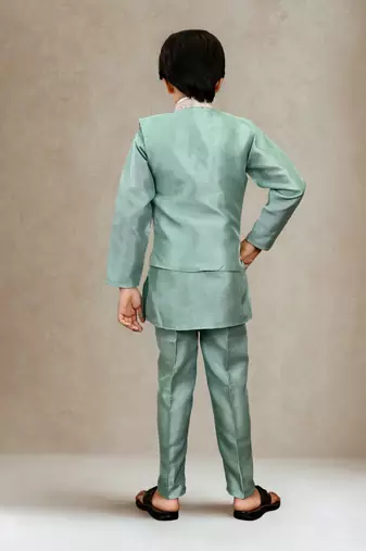 Boys cotton silk geometric patchwork embroidered kurta set- teal blue
