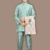 Boys cotton silk geometric patchwork embroidered kurta set- teal blue