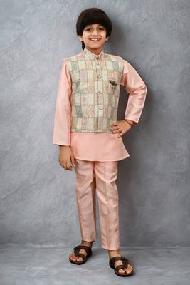 Boys cotton silk geometric patchwork embroidered kurta set- blush peach 1