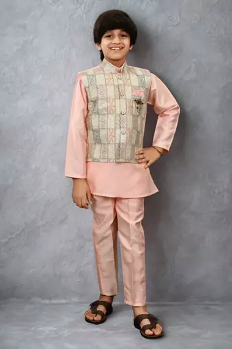 Boys cotton silk geometric patchwork embroidered kurta set- blush peach