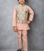 Boys cotton silk geometric patchwork embroidered kurta set- blush peach