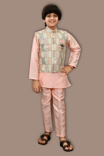 Boys cotton silk geometric patchwork embroidered kurta set- blush peach