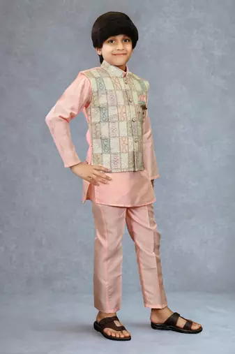 Boys cotton silk geometric patchwork embroidered kurta set- blush peach