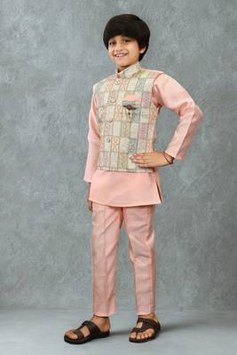Boys cotton silk geometric patchwork embroidered kurta set- blush peach 3