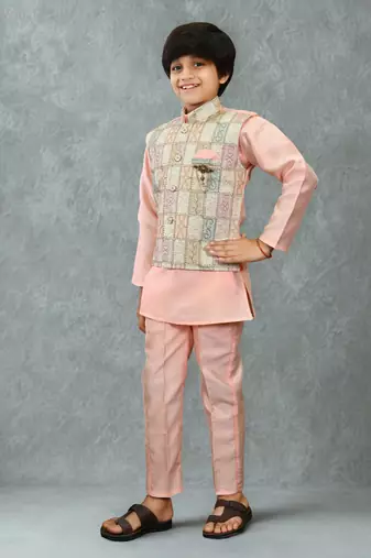 Boys cotton silk geometric patchwork embroidered kurta set- blush peach