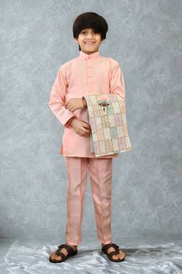 Boys cotton silk geometric patchwork embroidered kurta set- blush peach 4
