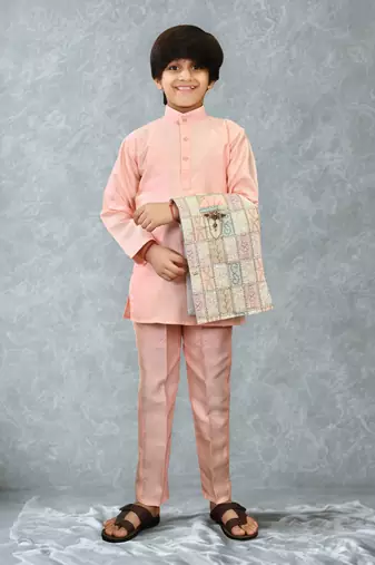 Boys cotton silk geometric patchwork embroidered kurta set- blush peach
