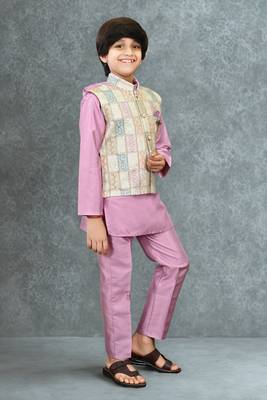 Boys cotton silk geometric patchwork embroidered kurta set- lilac 1