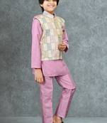 Boys cotton silk geometric patchwork embroidered kurta set- lilac