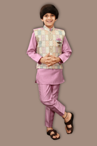 Boys cotton silk geometric patchwork embroidered kurta set- lilac