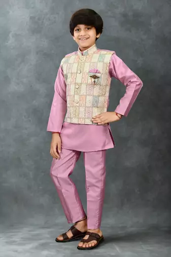 Boys cotton silk geometric patchwork embroidered kurta set- lilac