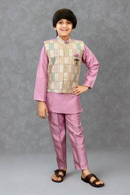 Boys cotton silk geometric patchwork embroidered kurta set- lilac 3