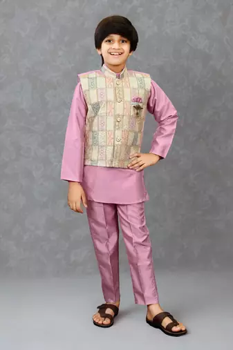 Boys cotton silk geometric patchwork embroidered kurta set- lilac