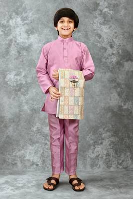 Boys cotton silk geometric patchwork embroidered kurta set- lilac 4